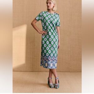 Sézane NWT SZ S Emy Blue Green Monomi Print Column Dress